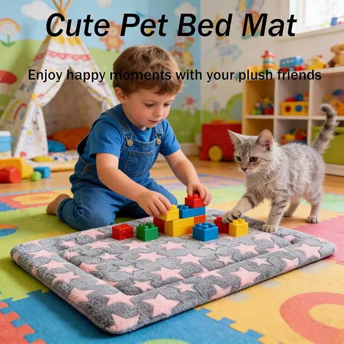 Dog Bed Mat - Reversible Dog Crate Bed Mats, Soft & Breathable Kennel Pad, Durable Crate Bed for Small Dogs & Cats (Pink&Gray Stars, XS(18"*14"*1.5"))