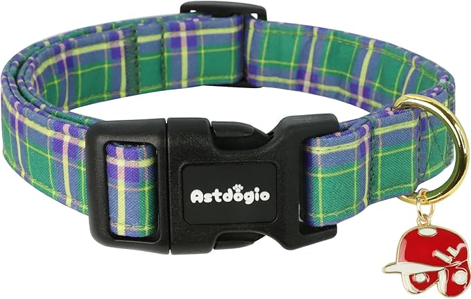 Dog Collar with Dark Green Striped Checkered for Spring Summer, Adjustable Cotton Puppy Collar for Small Medium Large Girl Boy Dogs-L