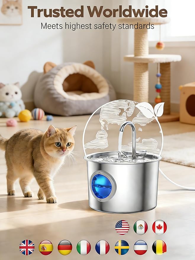 Cat Water Fountain Advanced 304 Stainless Steel 2.2L/74oz with Detachable Tank, Easy to Clean, Automatic Pet Fountain Quiet Cats Water Dispenser, Dogs (74oz Cat Fountain)