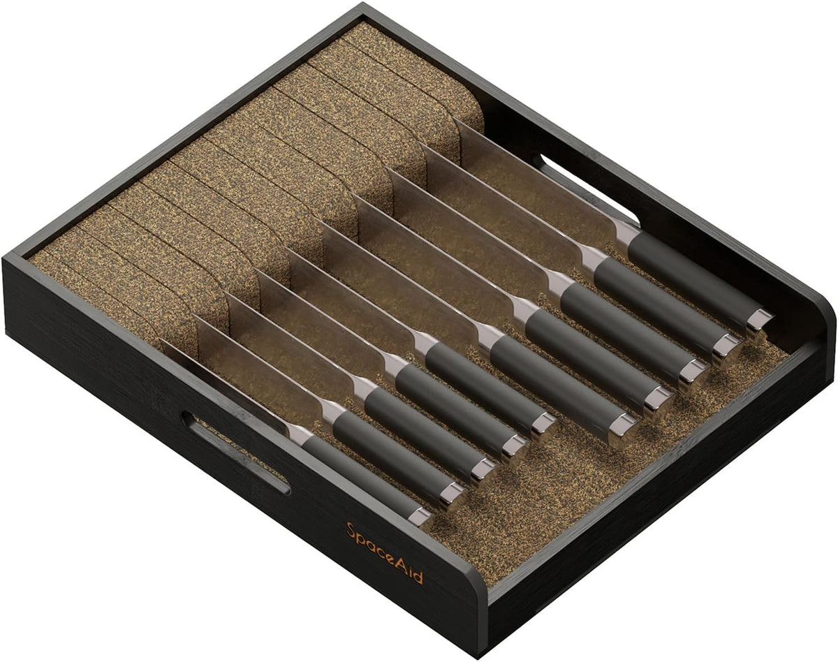 SpaceAid Large Knife Drawer Organizer Bamboo Insert Dock, Kitchen Steak Knives Holder Organizers Block for Drawer in Storage Organization (Large, Black)