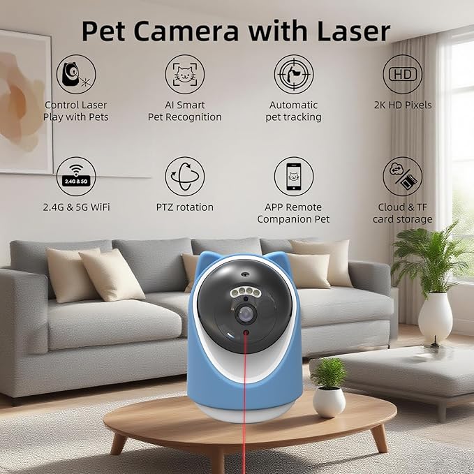 Pet Camera, 2K HD Indoor Dog and Cat Camera with Auto-Tracking & Laser Toy, Home Security Camera with Motion Detection, 2-Way Audio, Night Vision, No Subscription Required（64GB SD Card）