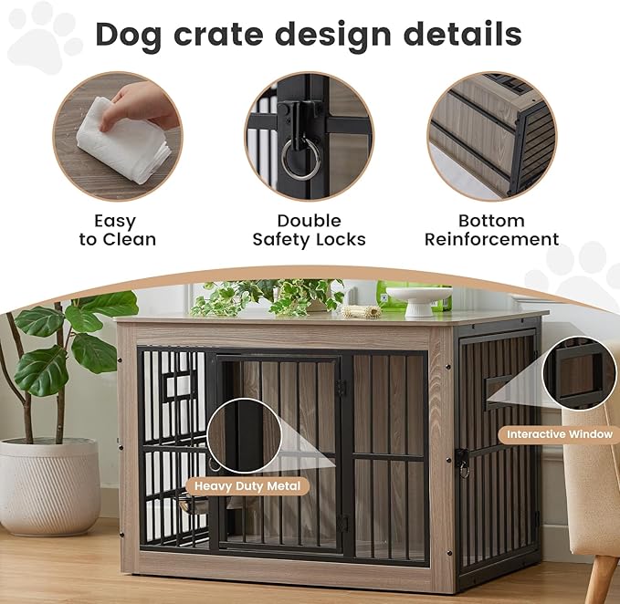 27 Inch Heavy Duty Dog Crate Furniture for Puppy/Small Dogs, Decorative Pet House End Table with 3 Doors, Wooden Cage Kennel Furniture Indoor, Rustic Grey - Without Bowls