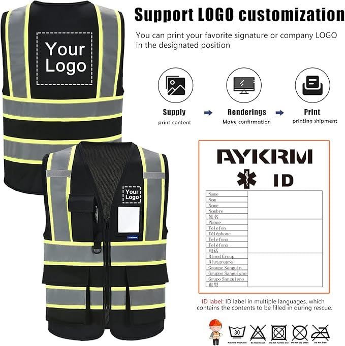 AYKRM 11 color High Vis Reflective Safety Vest for Women Men Security Pocket Zipper