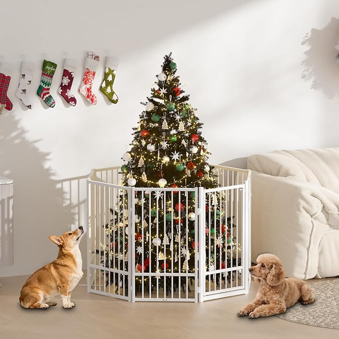 Full Metal Freestanding Dog Gate with Door, 36''Height Foldable Pet Dog Fence for Indoor & Outdoor, 8 Panels Extra Wide Free Standing TallDog Gates for Doorways,House,Stairs,Porch,Deck,Yard