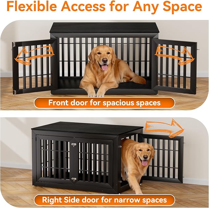 48" Heavy Duty Dog Crate Furniture for Small,Medium and Large Dogs,Rustic Wooden Dog Cage Kennel Indoor Furniture with Waterproof Top,Decorative Pet House Side End Table (Black)