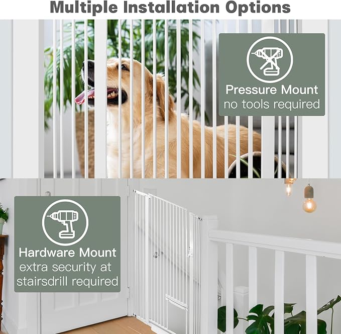 55 Inch Extra Tall Pet Gate with Small Cat Door, 29.55"-40.55" Adjustable Wide Dog Gate, Tall Cats Gates for Doorway, Stairs, House(White)