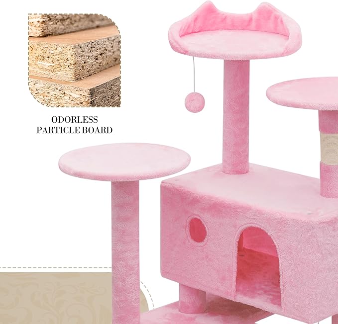 Athena Collection Cat Tree, 77 Inch Cat Tower for Indoor Cats, Multi-Level Cat Tree Tower Activity Center with 2 Cat Condo & Cat Scratching Post & Dangling Ball, Tall Cat Tree, Soft Pink