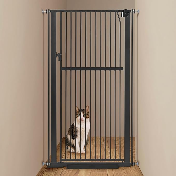 59" Extra Tall Pet Gate - Durable Metal Cat and Dog Gate With Double Safety Lock & Walk Thru Door for Indoor Stairs, Doorways, Hallways - Self Closing/Stay Open/Open Both Ways, Pressure Mounted
