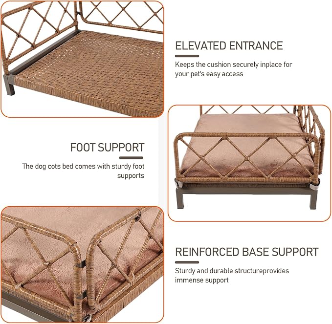 Boho Rattan Dog Bed, Pet Sofa Couch Bed with Removable Cushions - Indoor/Outdoor Durable Pet Furniture for Small/Medium Dogs (Brown)