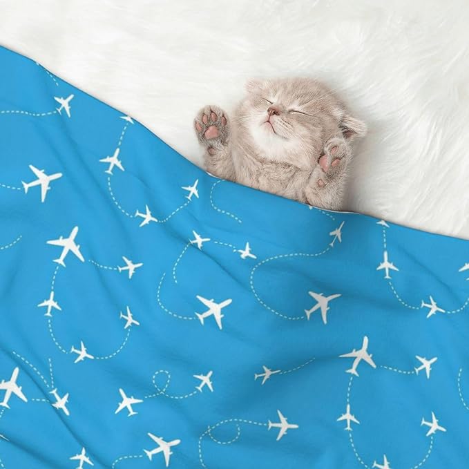 Reversible Dog Blanket for Beds Couches, Aircraft Airplane Pattern Navy Blue, Double Sided Cat Blanket with Textured Dot Feel and Smooth Feel for Seasonal Comfort All Year