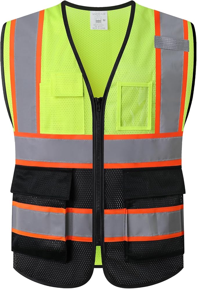 Reflective Mesh Safety Vest for Men Women with 5 Pockets and Zipper Front High Visibility Mesh Vest Hi Vis Construction Work Vest,Meets ANSI/ISEA Standards(EK175-Yellowblack-XL)