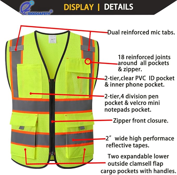 Reflective Safety Vest for Men Women with 9 Pockets and Zipper Front Class 2 High Visibility Mesh Work Vest Hi Vis Construction Vest,Meets ANSI/ISEA Standards(EK176-Yellow-M)