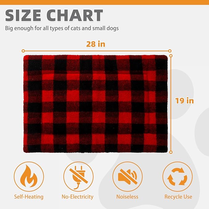 KOOLTAIL Self Warming Cat Bed, Christmas Plaid Pet Heated Pad for Indoor Outdoor Cats, Soft Thermal Double Used Warm Dog Mat, Washable Kitten Puppy House Blanket for Floor, Window Perch, Desk, Red