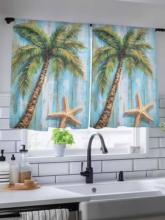 Sheer Curtains 54 Inch Length, Coastal Beach Tree Semi Sheer Curtains Light