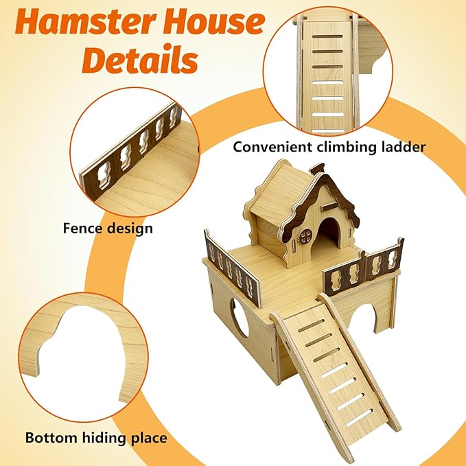 Hamiledyi Wooden Hamster House Hideout Mouse House with Ladder and Platform Cute Habitat Hut Small Animals Cage Accessories for Dwarf Hamster Mice Gerbil and Other Similar Sized Animals