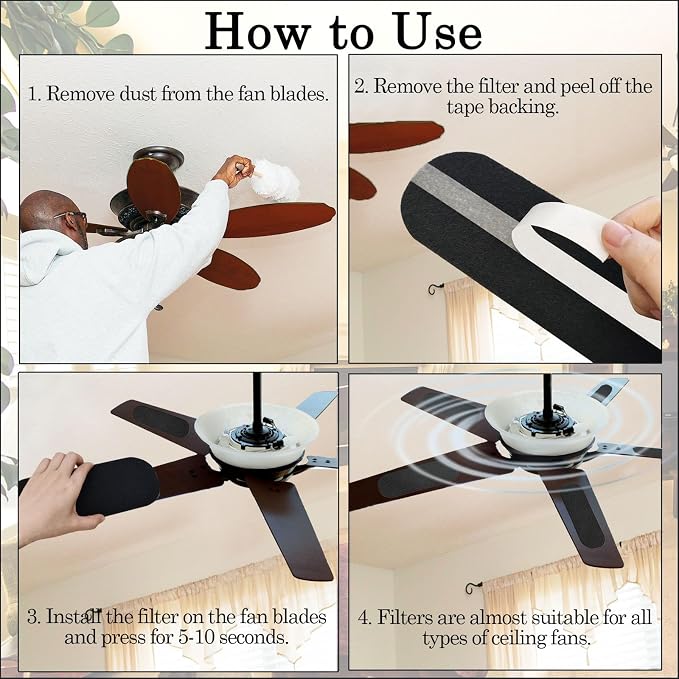 15 Pcs Ceiling Fan Filters for Blades, Easy-Stick Activated Coconut Shell