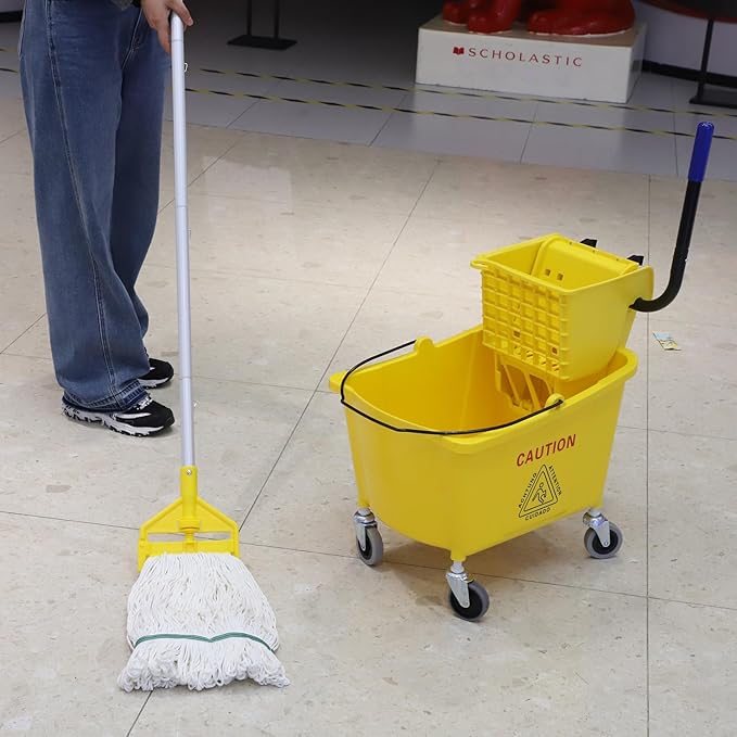 Commercial Mop Bucket with Side Press Wringer on Wheels, Including One Commercial Mop, 35 Quart, Yellow