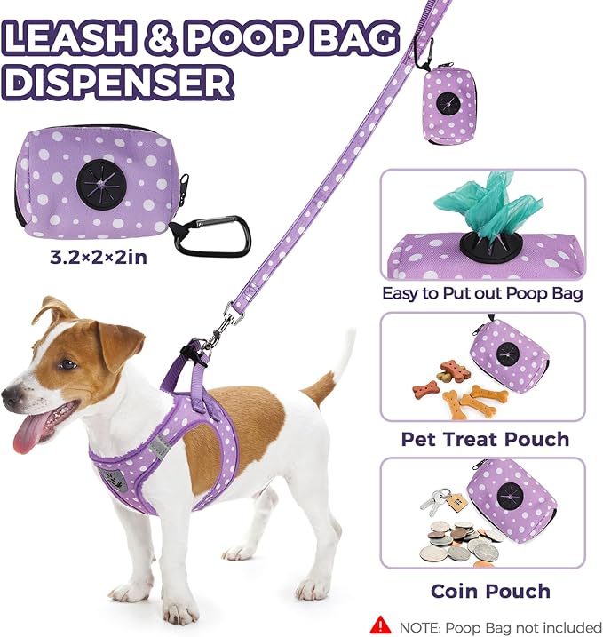 PAWCHIE Dog Harness and Leash Set, Step in No Pull Soft Pet Harness, Reflective Adjustable Puppy Vest for Small Medium Dogs Cats,No Choke Harness Vest with Poop Bag Holder for Walking,Running,Purple M
