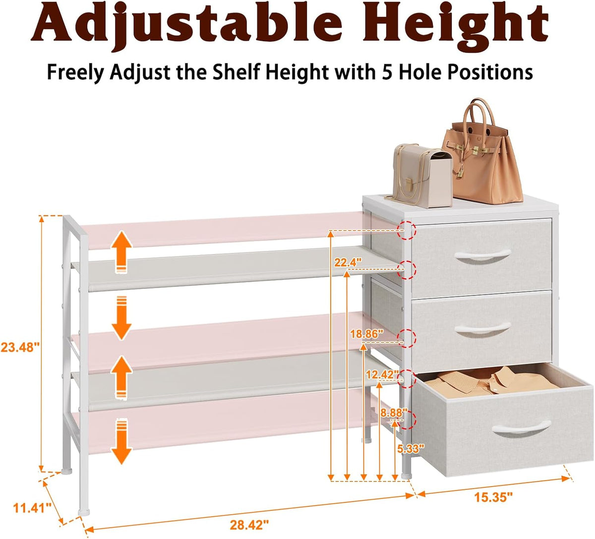 Hongtamoya Closet Organizers and Storage, Adjustable Shelves,3 Drawer White