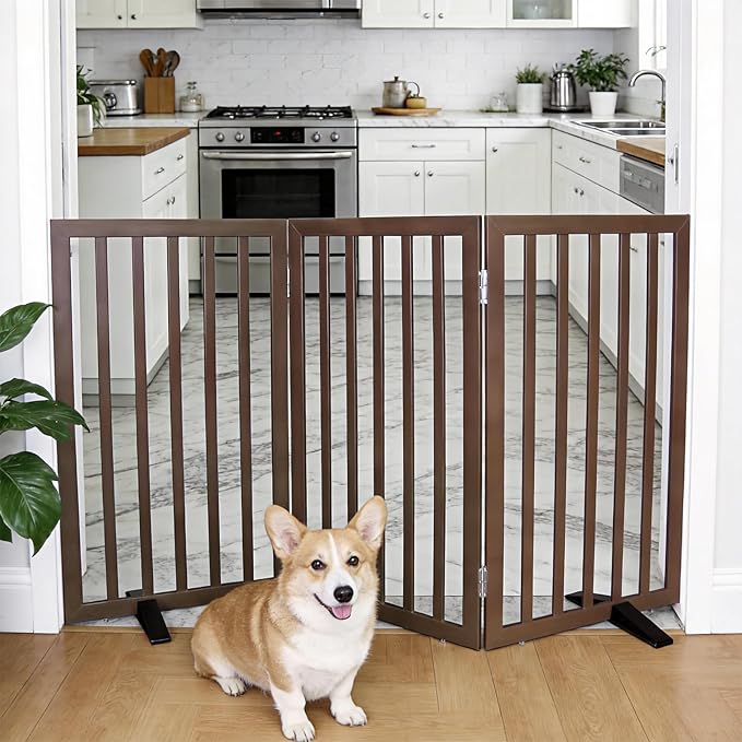 Dog Gate Indoor, Freestanding Dog Fence for The House, Doorways, Hallways,or Stairs,Pet Gate Foldable Wooden,Expandable 32" Height 3 Panels,Brown