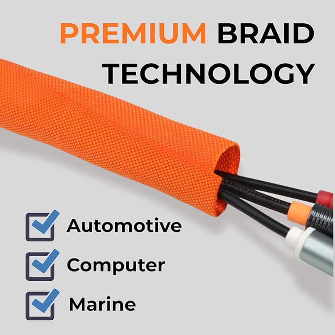 5/8 inch Split Braided Cable Management Sleeve for USB Cable Power Cord Audio Video Cable, Wire Loom Cord Protector from Cat Dog Chewing (Orange, 10FT)