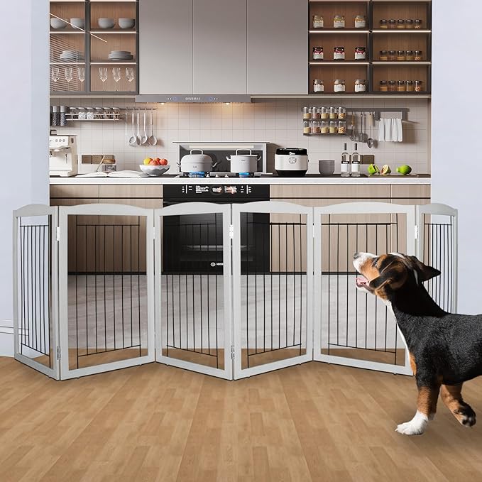 ZJSF Freestanding Foldable Dog Gate for House Extra Wide Wooden Grey Puppy Gate Stairs Dog Gates Doorways Tall Pet Gate 6 Panels Pet Fence
