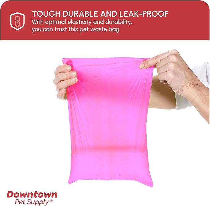Downtown Pet Supply Poop Bags for Dogs with Dispenser, 180 Count - Leak-Proof Dog Waste Bags and Bone-Shaped Dog Poop Bags Holder for Leash - Pink, 12.5" x 8.5"