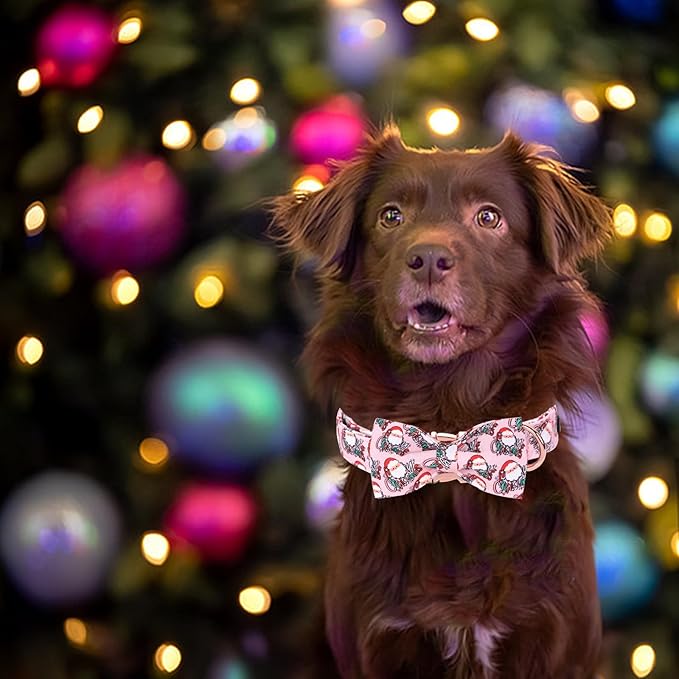 Christmas Dog Collar, Pink Christmas Santa Claus Dog Collar Bow Tie Pet Collars with Bow Adjustable Pet Collars with Premium Metal Buckle Dogs Necklace for Small Girl Dogs