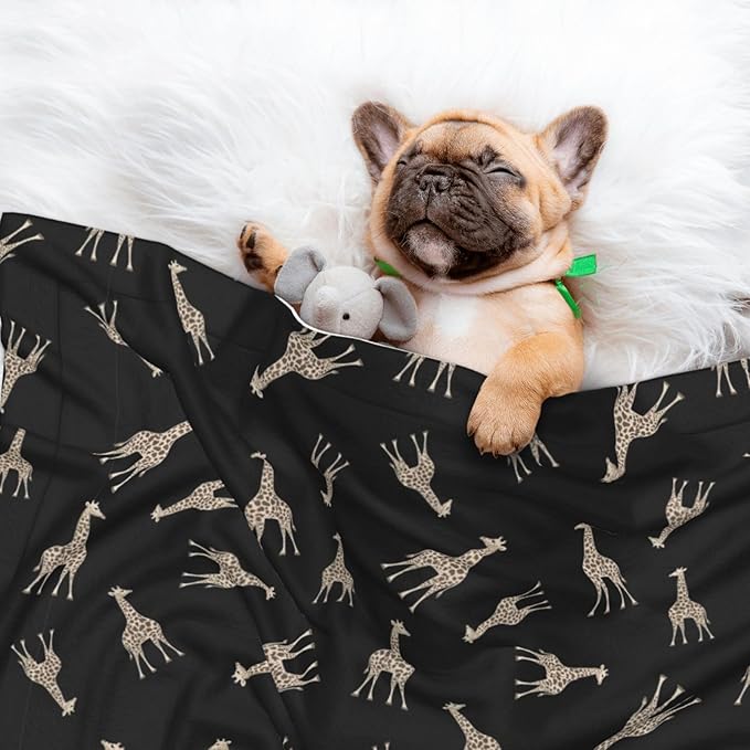 Two Sided Plush Pet Blanket for Crates Carriers Home Use, Giraffe Leopard Print On Black, Reversible Throw with Cozy Dot Fabric and Silky Reverse for Small Large Pets