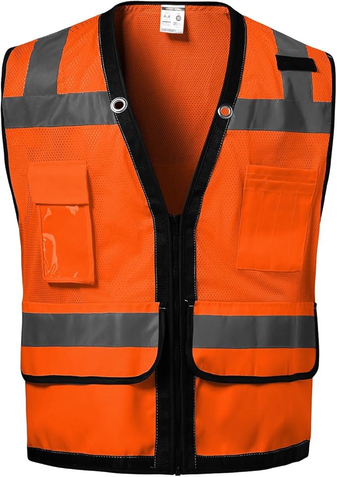 Reflective Safety Vest With Back Pocket, High Visibility Class 2 Heavy Duty Surveyor Vest with Zipper, ANSI/ISEA Standard, Construction Work Vest for Men & Women (Orange, 4XL)