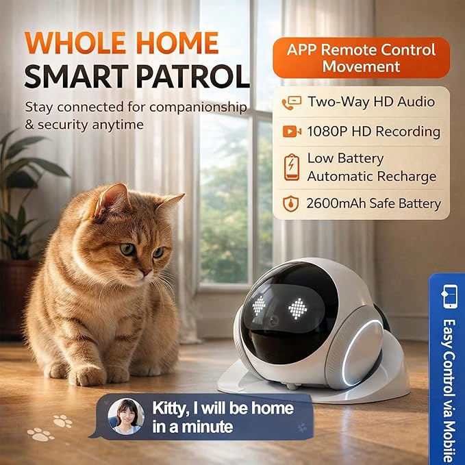 Denash Robot Camera on Wheels,1080P Movable Indoor Camera with Remote Interaction, 2 Way Talk, Night Vision, Motion Detection, Auto Recharge, APP Control Home Security Cam for Pet, Elderly, Baby