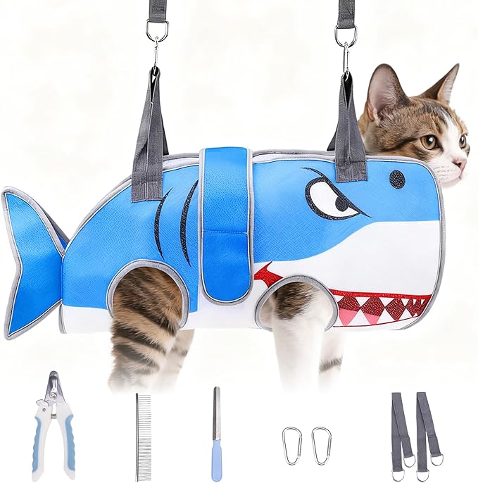 Dog Grooming Hammock for Small Dogs Cats, Cute Shark Design Dog Hanging Harness for Nail Trimming/Clipping, Pet Sling with Grooming Kit and Thick Neck Support & Strap Restraint Claw Care,XS