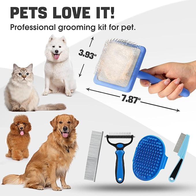 Dog Slicker Brush for Dogs Grooming Kit 4PCS | Large Dog Brush for Goldendoodles Poodles Doodles | Long Pin Haired Brush | Poodle Brushes and Comb (Blue)