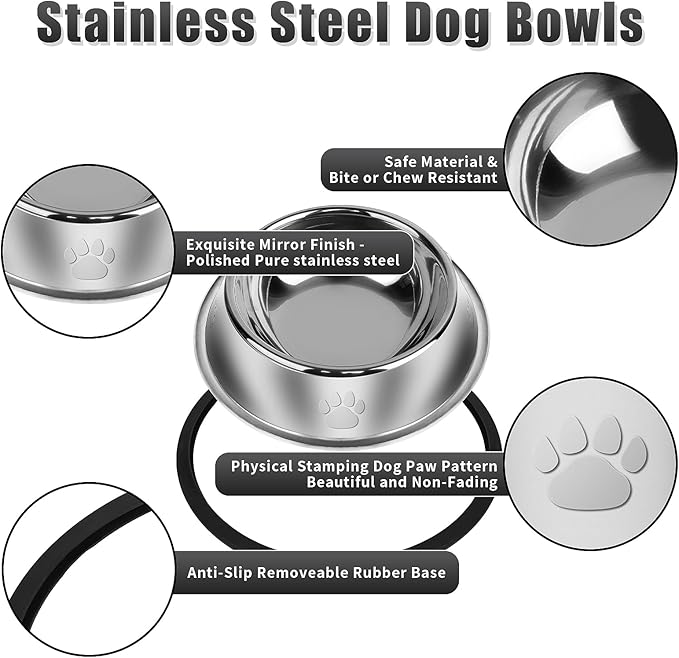 3Pcs Stainless Steel Dog Bowls Set with Dog Paw Pattern- Non-Slip Food and Water Bowl 54 Oz - Dishwasher-Safe, Rust Resistant Metal Pet Bowls for Small/Medium/Large Sized Pets