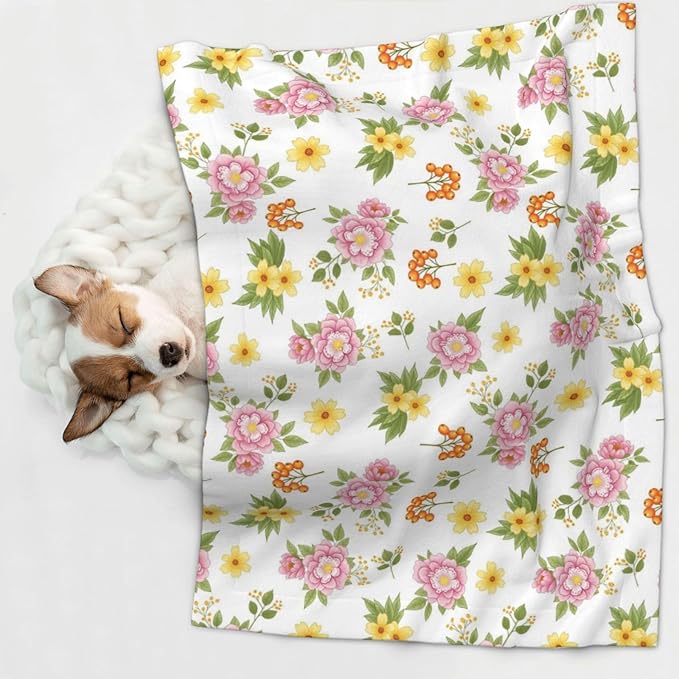 Double Sided Plush Pet Blanket with Cozy Dot Texture and Smooth Reverse, Colorful Rowan Berries Blossoming Spring Poppies Pattern, Reversible Throw for Dogs Cats on Couches Beds Crates