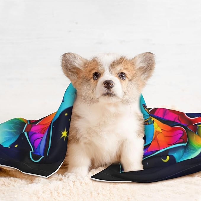 Two Sided Plush Pet Blanket for Warmth Comfort, Butterflies Mandala Rainbow Art Black and White, Reversible Throw with Cozy Nubby Side for Chilly Nights Napping Spots Around House
