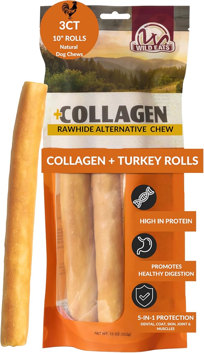 Wild Eats Turkey Flavor Collagen Retriever Style Cheek Rolls 10" Dog Chews-3 Pack (Long Lasting Dog Chews Treats & Bones for Medium Dogs) Substitute for Pig Ears for Dogs