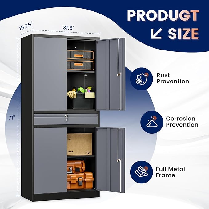 Yizosh Metal Garage Storage Cabinet with Locking Doors and Adjustable Shelves, 71" Steel Tool Storage Cabinet with 1 Drawer for Garage,Office,Warehouse (Gray Black)