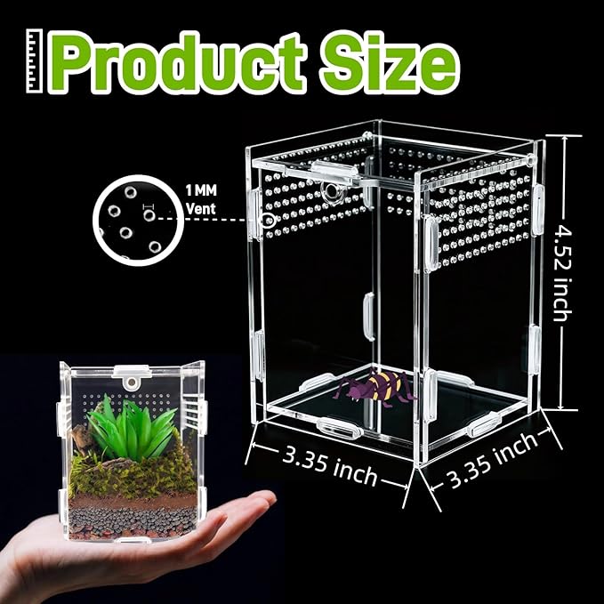Hermit Crab Tank Jumping Spider Enclosure Acrylic Terrarium Habitat High Clarity Escape-Proof Small Terrarium for Hermit Crab Jumping Spiders Frogs and Small Reptiles Ideal for Reptile Keepers