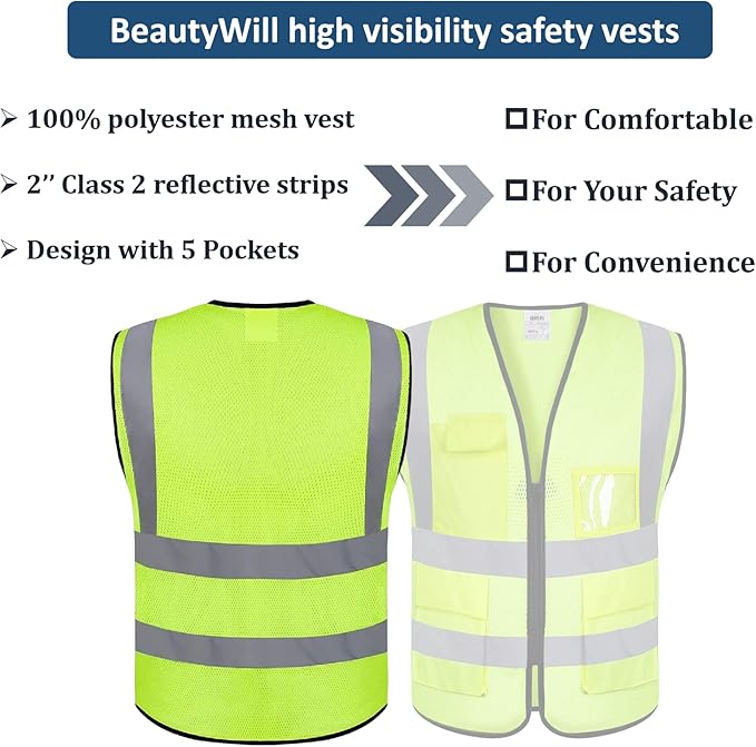 BeautyWill Custom Logo Mesh Safety Vest Class2 High Visibility Reflective Vest with 5 Pockets Construction Security Work Vest ANSI/ISEA Standards（Yellow，4XL ）