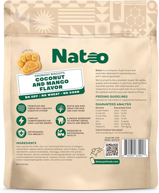 NATOO Biscuits for Small Dogs & Puppies - Crunchy Treats Coconut & Mango – Healthy Natural Dog Biscuits, Rich in Omega 6, Prebiotics & Fiber, Antioxidants for Immunity (8 oz)