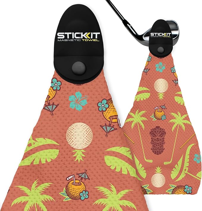 STICKIT Magnetic Salmon Pink Tiki Golf Towel | Top-Tier Microfiber Golf Towel with Deep Waffle Pockets | Industrial Strength Magnet for Strong Hold to Golf Carts or Clubs