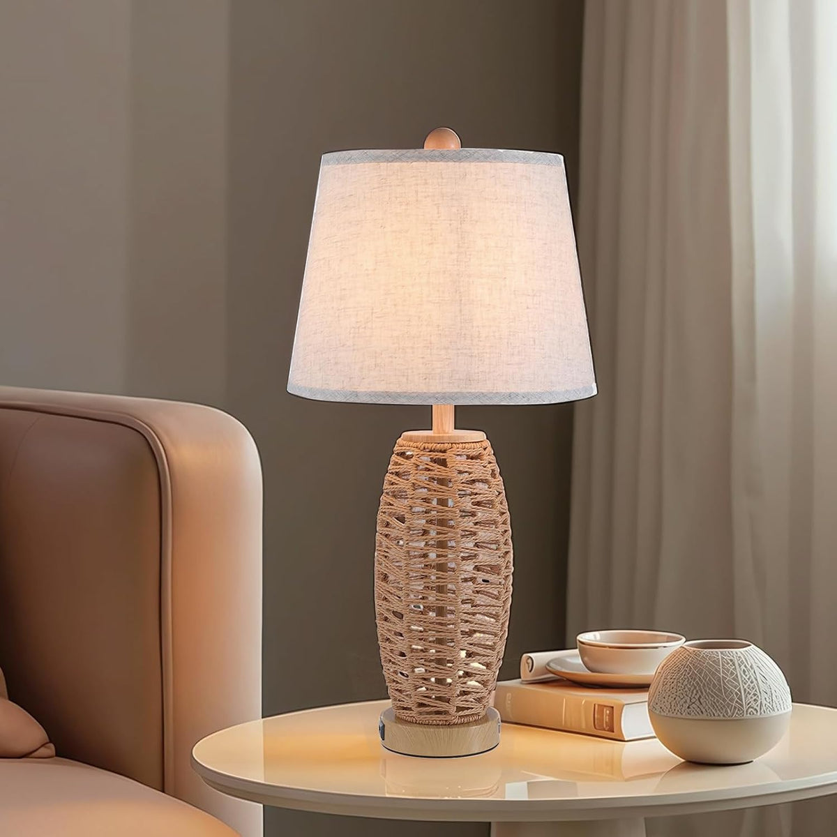 27" Rattan Table Lamps Set of 2, Touch Switch Nightstand Bedside Lamps with 2 USB Ports, Oatmeal Lampshade Wicker Lamp, Farmhouse Table Lamp for Living Room,Bedroom,Room Decor,End Table,Retro,Brown