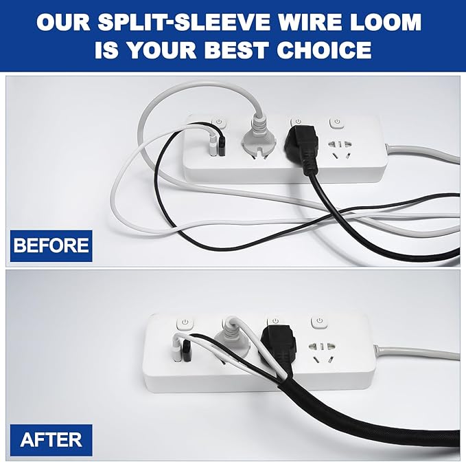 Split-Sleeve Wire Loom for High-Temperature Automotive Harness and Home Cable Management, 25ft - 1.5 inch Braided Cable Management Sleeve Cord Protector, Self-Wrapping Split Wire Loom