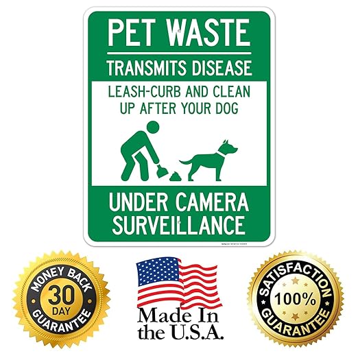 Pet Waste Leash-Curb and Clean Up After Your Dog Under Camera Surveillance Sign, 24x30 Inches, Rust Free .063 Aluminum, Fade Resistant, Made in USA