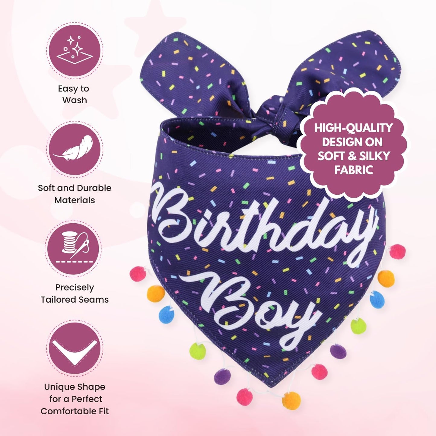 LunaMarie - Luxury Pet Birthday Bandanas -Premium & Silky Poly Fabric | 100% Handmade | Custom Shape Dual Layered (Birthday Boy, Large)