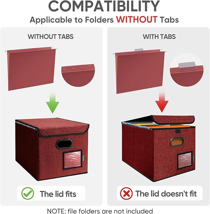 BALEINE Modern Red File Storage Box with Lid, Collapsible File Folder Organizer, 2 Pack, 15x12.5x10.5 inches
