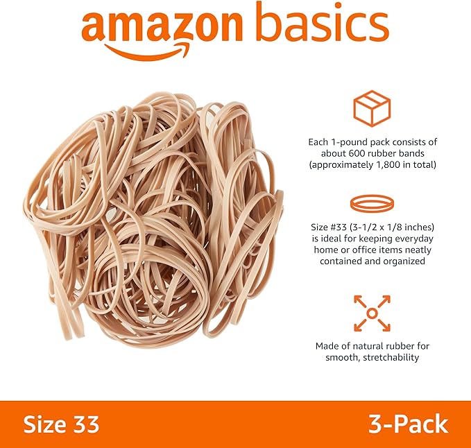 Amazon Basics Rubber Bands, Size 33 (3-1/2 x 1/8 Inch), 600 Bands/1 lb Pack, 3-Pack, Tan