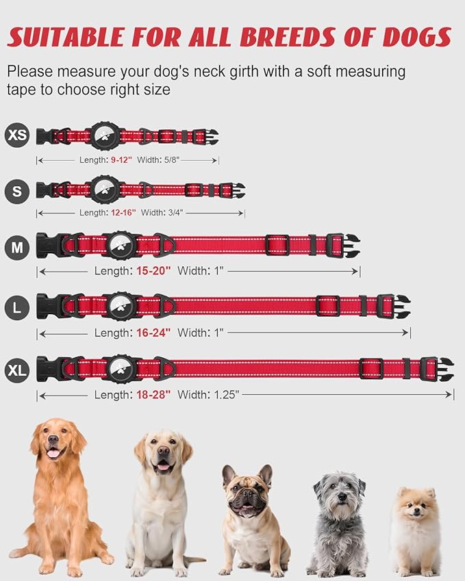 Joytale Airtag Dog Collar, Reflective Pet Collar with Waterproof AirTag Holder, Dual D-Rings, Soft Padded Adjustable for Large Dogs, Red, L