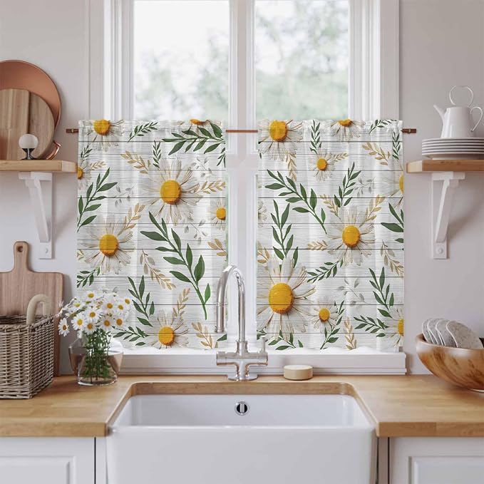 Spring Daisy Kitchen Curtains, Farmhouse Country Flower Leaf Plant Wood Grain